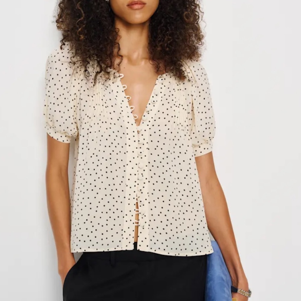 NWT Reformation Calia Sheer Beige‎ Polka Dot Blouse